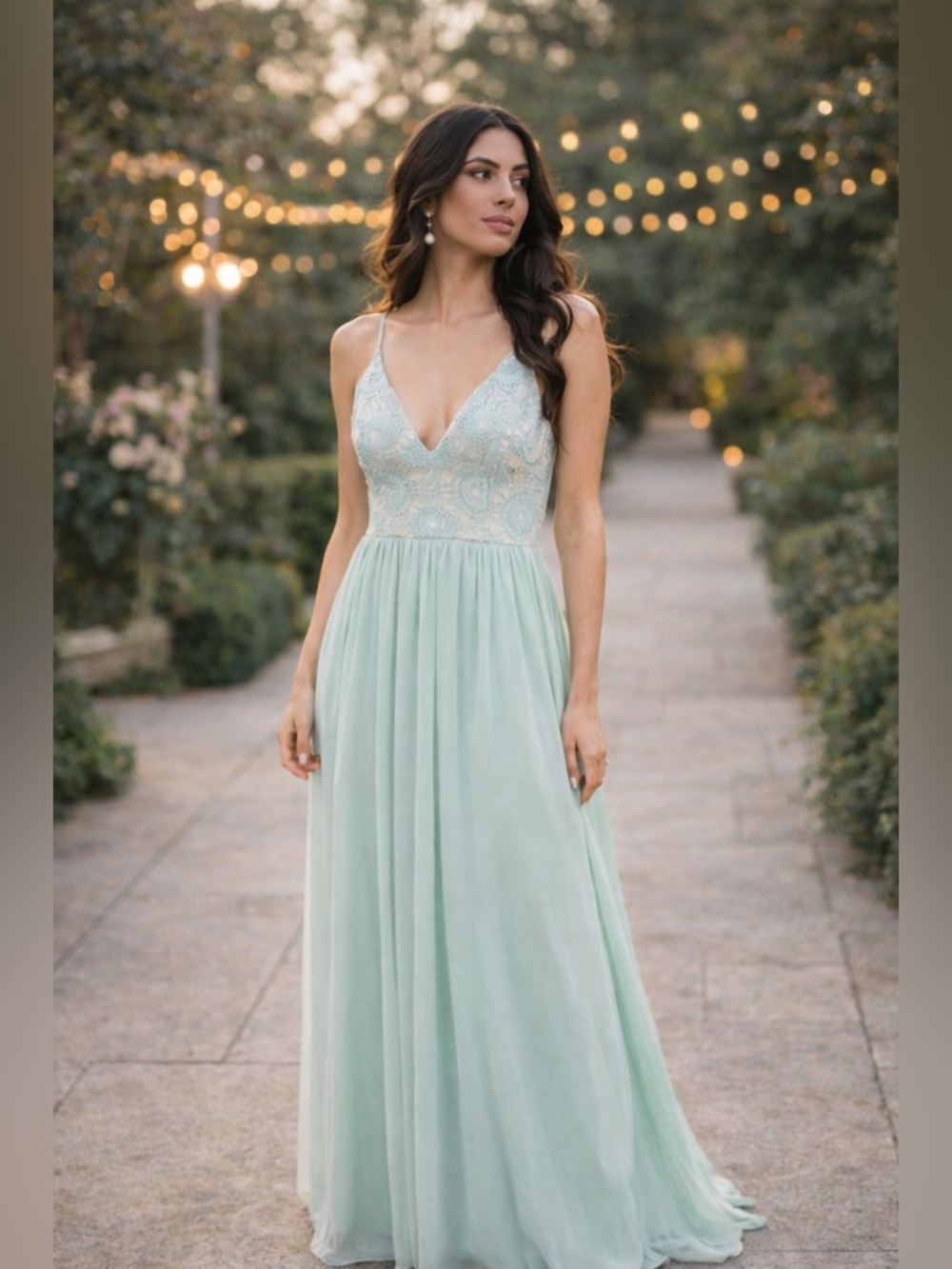 Mint Lace Maxi Dress Chiffon V-Neck Bridesmaid Wedding Guest Formal Gown
